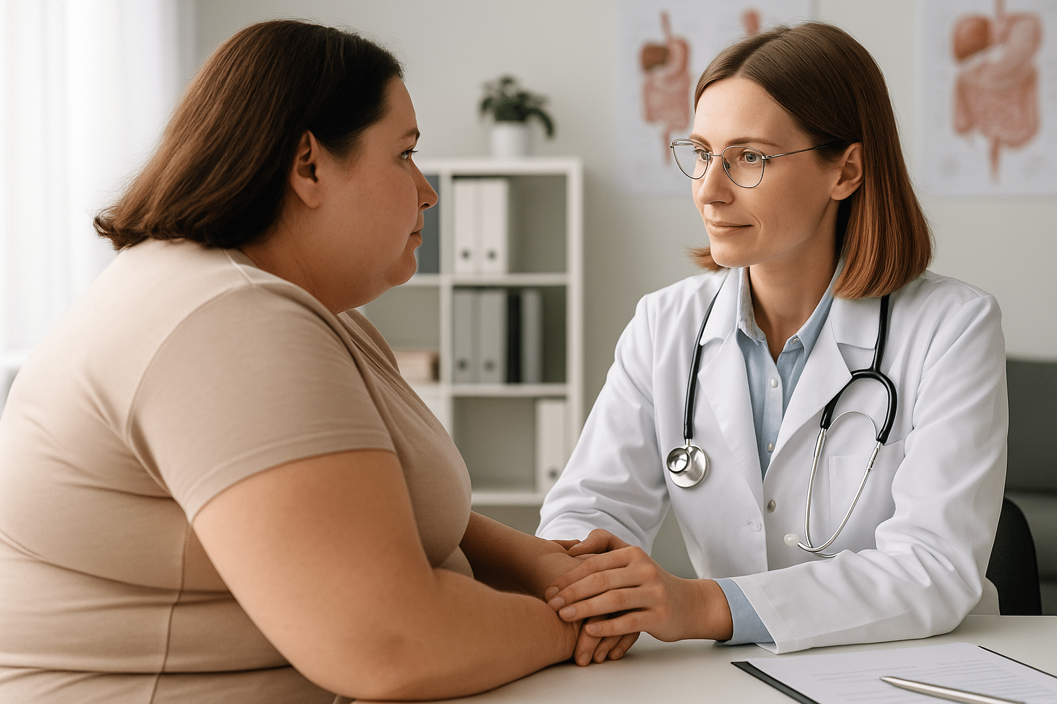 רופאה משוחחת עם מטופלת על טיפול תרופתי בהשמנה וויגובי (Wegovy)
