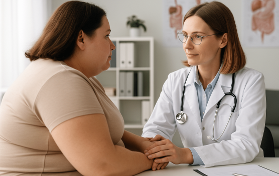 רופאה משוחחת עם מטופלת על טיפול תרופתי בהשמנה וויגובי (Wegovy)