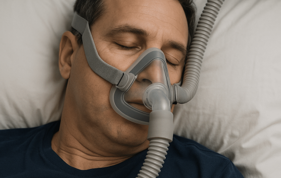 גבר ישן עם מכשיר CPAP לטיפול בדום נשימה בשינה